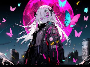 Preview wallpaper girl, hairpins, butterflies, moon, anime