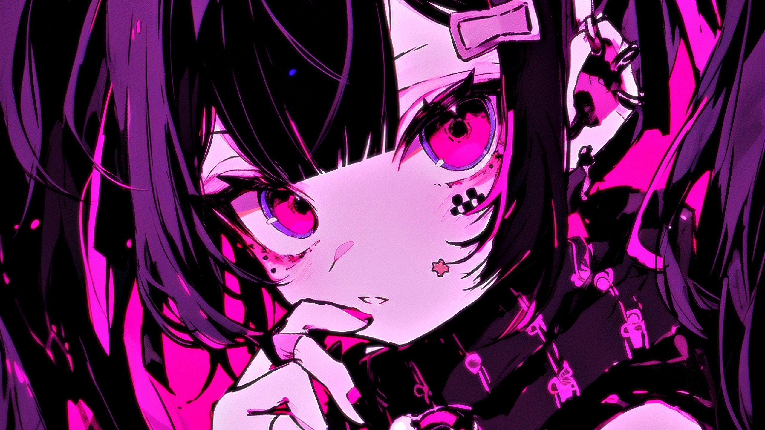 Download Wallpaper 2560x1440 Girl, Hairpins, Jewelry, Pink, Anime, Dark 