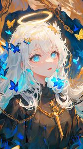 Preview wallpaper girl, halo, butterflies, chains, anime