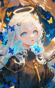 Preview wallpaper girl, halo, butterflies, chains, anime