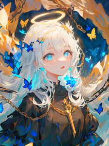 Preview wallpaper girl, halo, butterflies, chains, anime