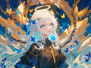 Preview wallpaper girl, halo, butterflies, chains, anime