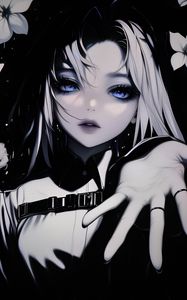 Preview wallpaper girl, hand, eyes, bw, anime