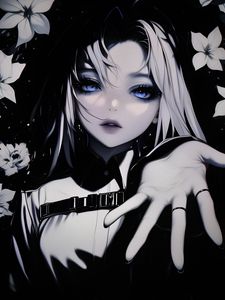 Preview wallpaper girl, hand, eyes, bw, anime