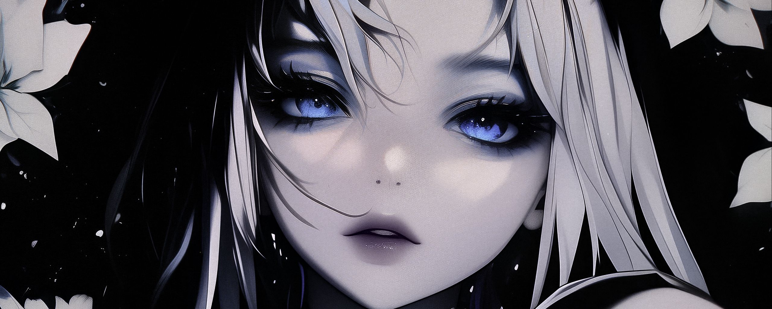 2560x1024 Wallpaper girl, hand, eyes, bw, anime