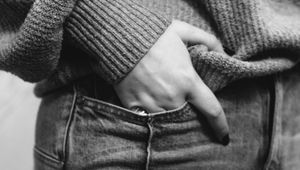 Preview wallpaper girl, hand, jeans, black and white