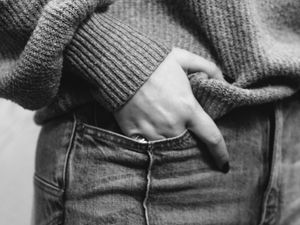Preview wallpaper girl, hand, jeans, black and white