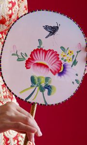 Preview wallpaper girl, hand, kimono, fan, patterns