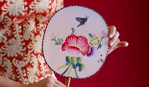 Preview wallpaper girl, hand, kimono, fan, patterns