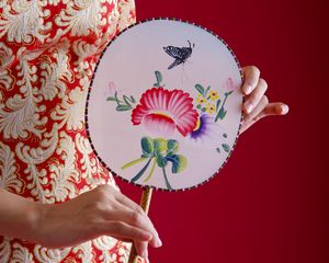 Preview wallpaper girl, hand, kimono, fan, patterns