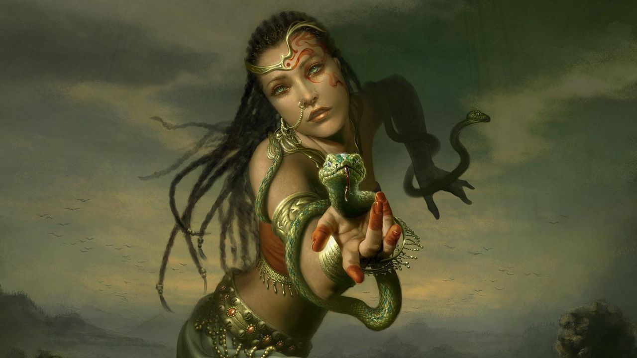 Wallpaper girl, hand, snakes, braids, jewelry