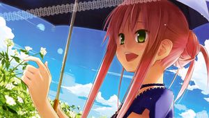 Preview wallpaper girl, happiness, walk, umbrella, plant