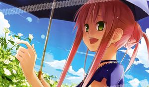 Preview wallpaper girl, happiness, walk, umbrella, plant