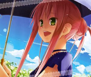 Preview wallpaper girl, happiness, walk, umbrella, plant