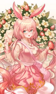 Preview wallpaper girl, hare, ears, strawberry, anime, art, pink