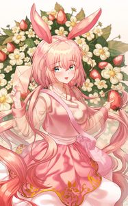 Preview wallpaper girl, hare, ears, strawberry, anime, art, pink