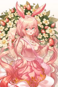 Preview wallpaper girl, hare, ears, strawberry, anime, art, pink