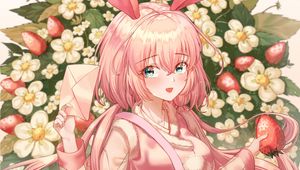 Preview wallpaper girl, hare, ears, strawberry, anime, art, pink