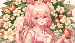 Preview wallpaper girl, hare, ears, strawberry, anime, art, pink