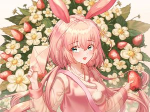 Preview wallpaper girl, hare, ears, strawberry, anime, art, pink