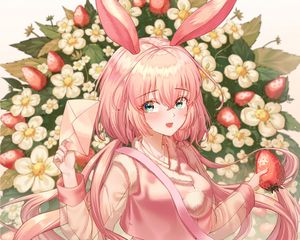 Preview wallpaper girl, hare, ears, strawberry, anime, art, pink