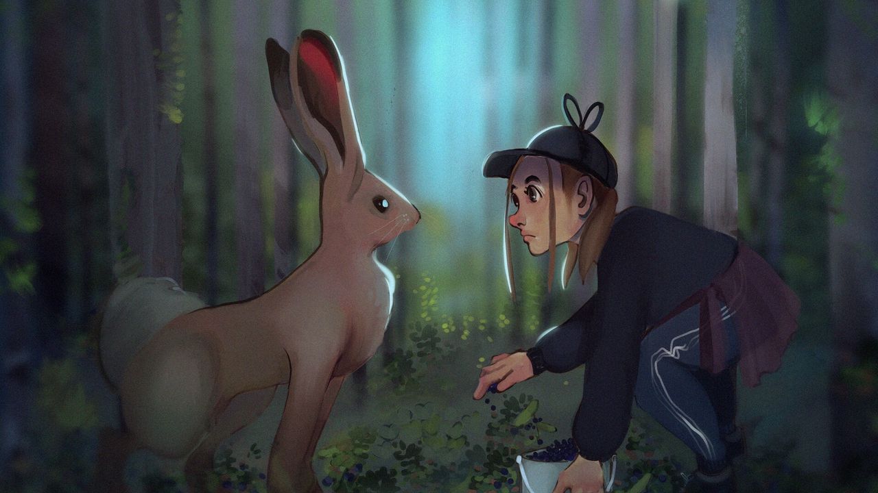 Wallpaper girl, hare, meeting, forest, art
