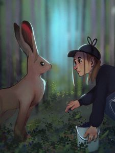 Preview wallpaper girl, hare, meeting, forest, art