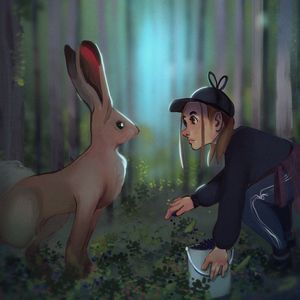 Preview wallpaper girl, hare, meeting, forest, art