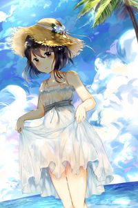 Preview wallpaper girl, hat, beach, anime, art