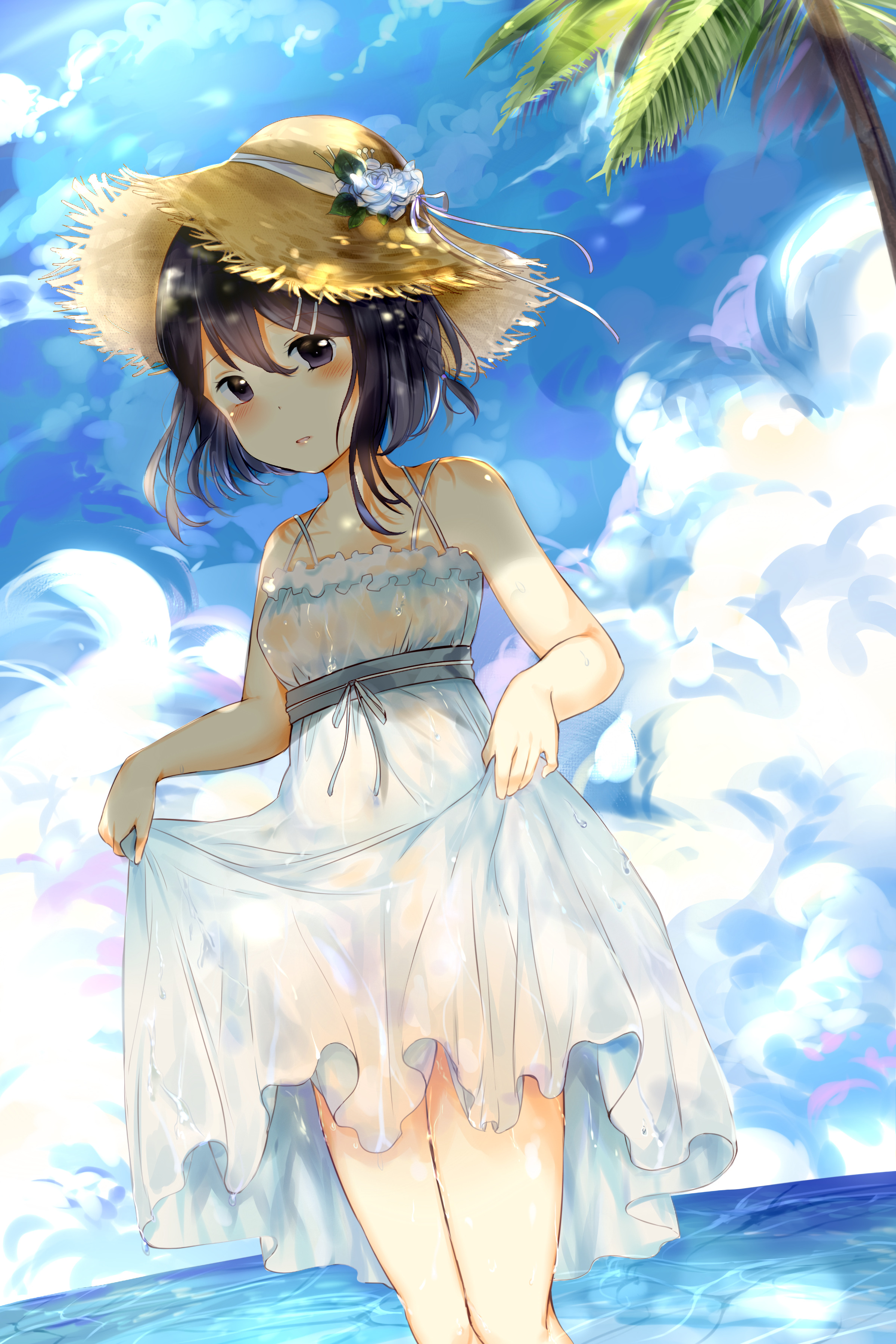 Download wallpaper 2400x3600 girl, hat, beach, anime, art hd background