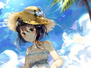 Preview wallpaper girl, hat, beach, anime, art