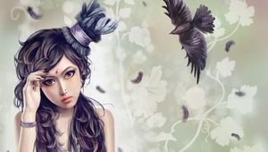 Preview wallpaper girl, hat, bird, crow, flying, feathers