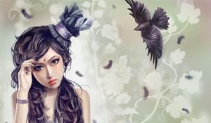 Preview wallpaper girl, hat, bird, crow, flying, feathers