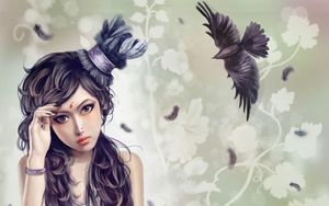 Preview wallpaper girl, hat, bird, crow, flying, feathers