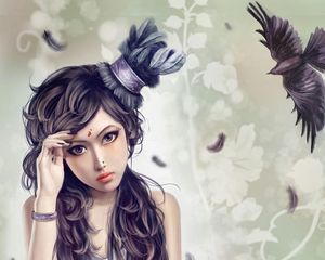 Preview wallpaper girl, hat, bird, crow, flying, feathers