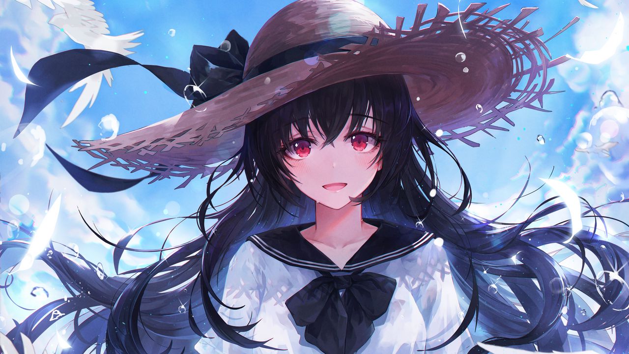 Wallpaper girl, hat, birds, drops, anime, art