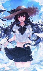 Preview wallpaper girl, hat, birds, drops, anime, art