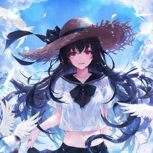 Preview wallpaper girl, hat, birds, drops, anime, art