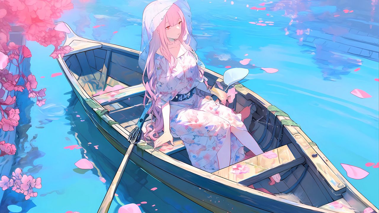 Lexica - A very beautiful anime girl, long black hair, emerald eyes,  beautiful smile, blue dress, sitting in a boat, the boat floats in a pond,  a pon...