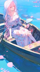 Preview wallpaper girl, hat, boat, anime