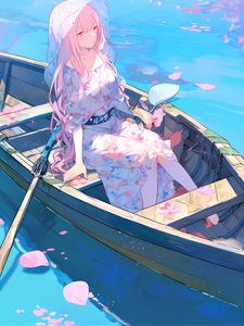 Preview wallpaper girl, hat, boat, anime