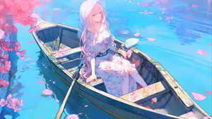 Preview wallpaper girl, hat, boat, anime