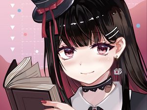 Preview wallpaper girl, hat, book, reading, anime, art