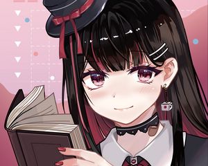 Preview wallpaper girl, hat, book, reading, anime, art