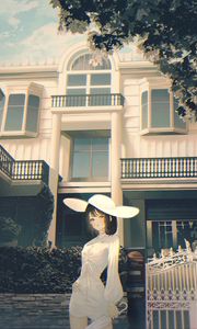 Preview wallpaper girl, hat, building, anime, art, cartoon
