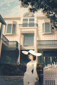 Preview wallpaper girl, hat, building, anime, art, cartoon