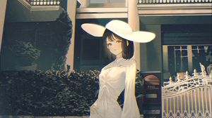 Preview wallpaper girl, hat, building, anime, art, cartoon