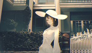 Preview wallpaper girl, hat, building, anime, art, cartoon