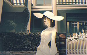 Preview wallpaper girl, hat, building, anime, art, cartoon