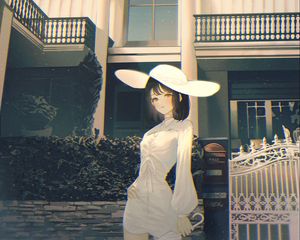 Preview wallpaper girl, hat, building, anime, art, cartoon